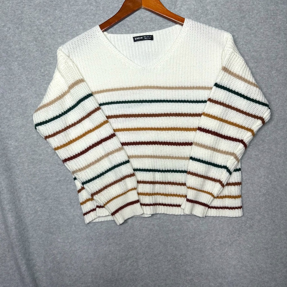 SHEIN Sweater Long Sleeve Fall Stripes Lightweight  Small Womens V Neck